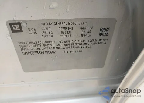 2015 Chevrolet Cruze 1Lt Auto from USA, damaged, VIN 1G1PC5SB3F7198602